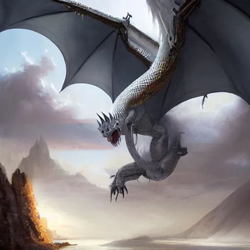 Image similar to a long white oriental dragon, landscape, by greg rutkowski, fantastic