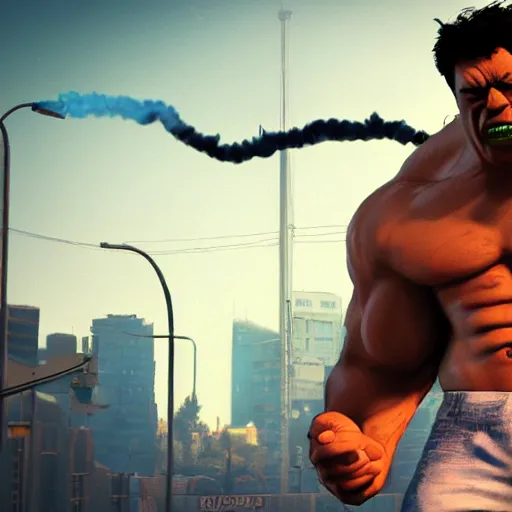 Image similar to Incredible Hulk smoking weed, gta artstyle, macro, wide shot, dramatic lighting, octane render, hyperrealistic, HD