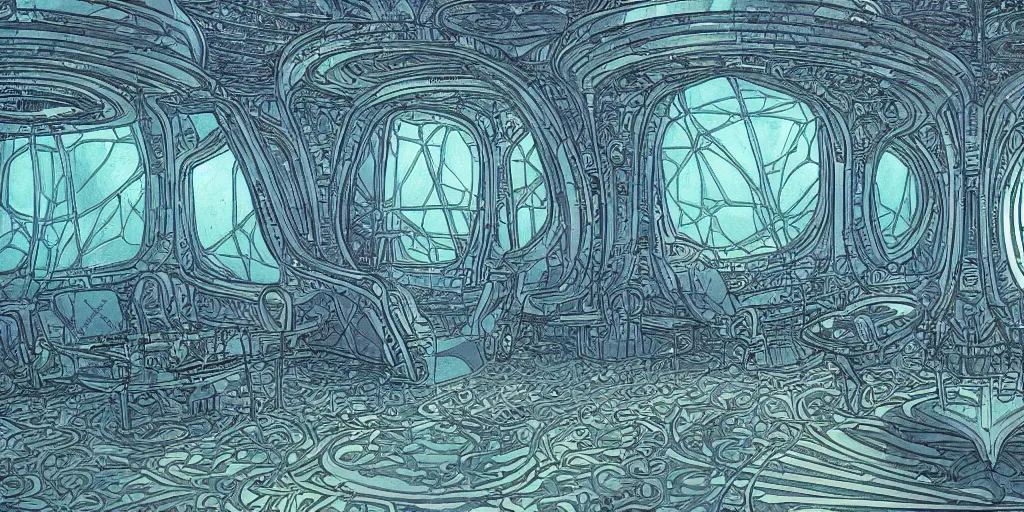 Prompt: cinematic shot of the interior of a crystalline sci-fi spaceship made with ornate elven architecture and highly advanced technology, extremely detailed, intricate linework, style of Jean Giraud Moebius comic art