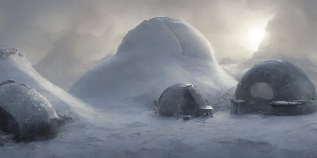 Image similar to an igloo in the tundra, with a campfire near the entrance, mysterious matte painting by ruan jia and craig mullins, trending on artstation