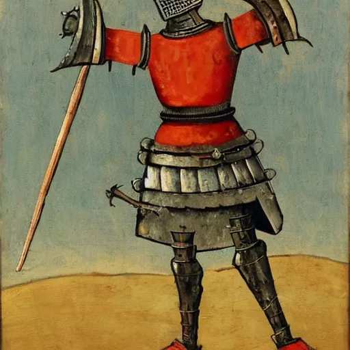 Image similar to one - armed medieval armored knight with bucket on his head, painting