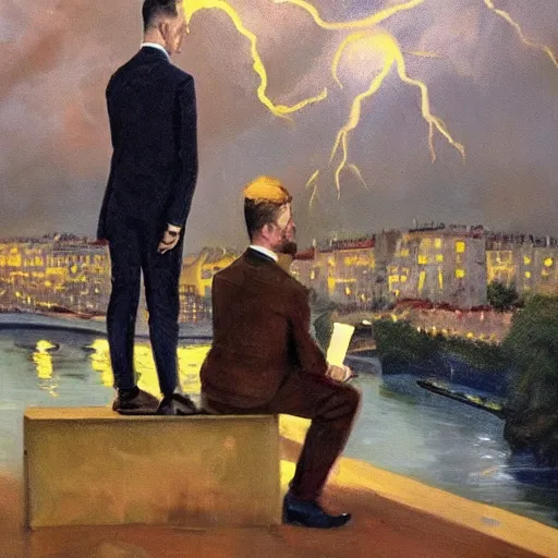 Prompt: mcgregor is dressed as a gentleman at early 2 0 th century paris. he is watching an easel. that easel has a canvas on it. ewan mcgregor has a brush on his hand. he is painting a painting. there is a small brown cat with yellow eyes on ewan mcgregors feet. on background has river seine, morning sun, dark clouds, lightning, matte painting