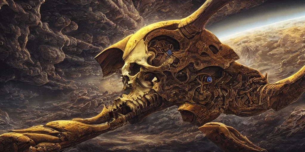 Image similar to cinematic shot of a sci-fi spaceship in the shape of a demonic goat skull, Dan Seagrave art