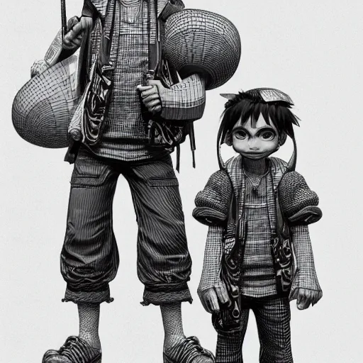 Image similar to rpg character concept art, twin brothers being cute and gangsta, intricate detail, in the style of jamie hewlett kawase hasui riyoko ikeda, 3 d render, artstation trending, 8 k, octane render, photorealistic, sharp detail, manga, black and white