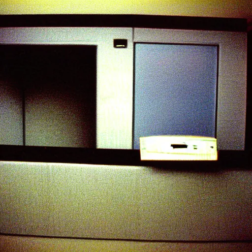 Image similar to a photograph of a haunted cubicle, 1990s, disposable camera,