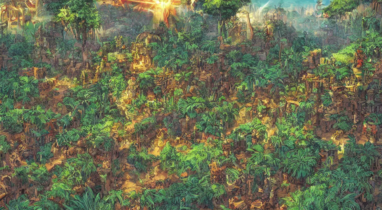 Image similar to marketplace fabric jungle dirt wall fortress a spectacular view cinematic rays of sunlight comic book illustration, by john kirby