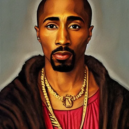 Image similar to a renaissance style portrait painting of tupac