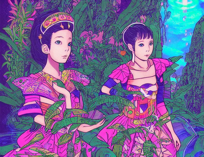 Prompt: aztec scifi princess in a planted aquarium, wearing a lovely dress with vaporwave elements. this oil painting by the award - winning mangaka has an interesting color scheme and impeccable lighting.