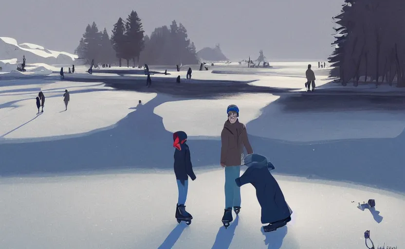 Image similar to ice skating on a frozen lake scene illustration by atey ghailan and escher and edward hopper