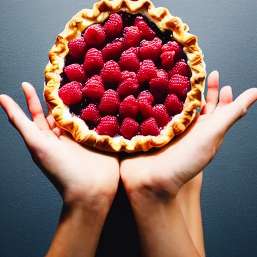 Prompt: A woman holding raspberry pie, red background