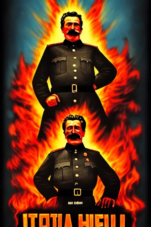 Image similar to movie poster, stalin in hell, scary poster in color, poster in 4 k