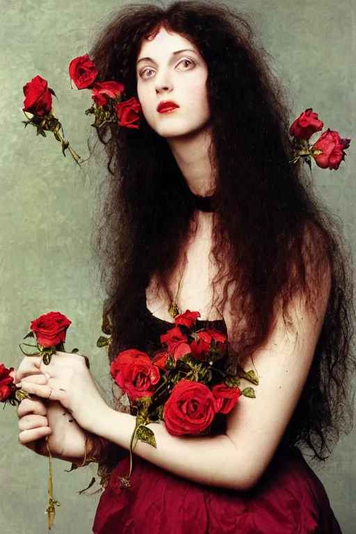 Image similar to pre-raphaelite heavy metal girl with dark hair and roses in the background, blurred detail, photo by Annie Leibovitz, 80's