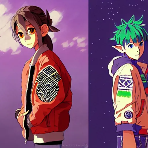 Image similar to majora majora's mask wearing oversized mayan bomber jacket with overalls, bulky poofy bomber jacket with mayan patterns, aztec street fashion, genshin impact art style, gapmoe yandere grimdark, trending on pixiv fanbox, painted by greg rutkowski makoto shinkai takashi takeuchi studio ghibli, akihiko yoshida