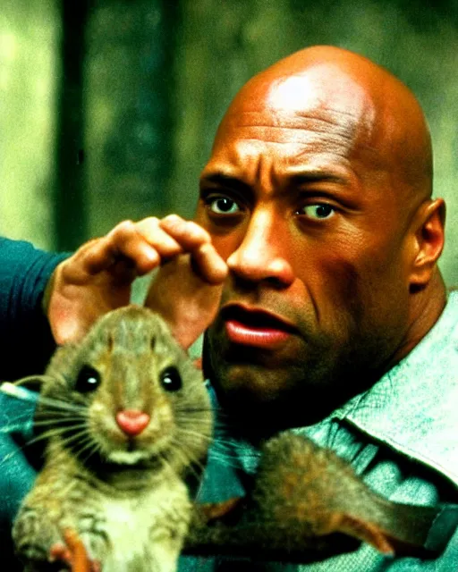 Image similar to film still close - up shot of dwayne johnson as john coffey petting a mouse in the movie the green mile. photographic, photography