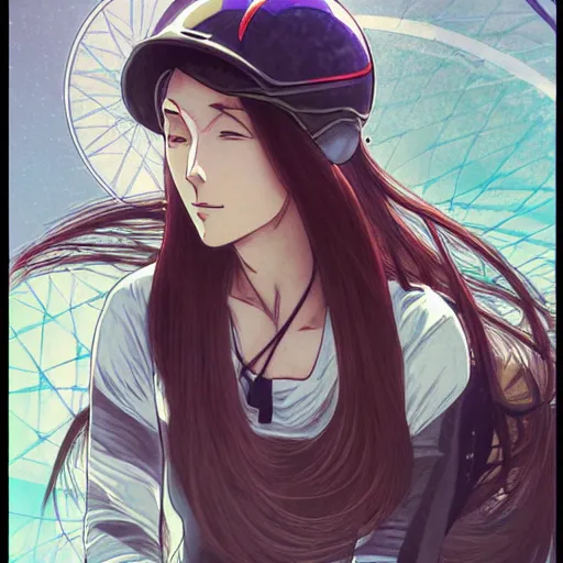 Prompt: portrait female cyclist, anime style, long hair, hair down, bike helmet, symmetrical facial features, modern age, hyper realistic, pale skin, 4 k, rule of thirds, extreme detail, detailed drawing, trending artstation, hd, modern, d & d, realistic lighting, by alphonse mucha, greg rutkowski, sharp focus, backlit