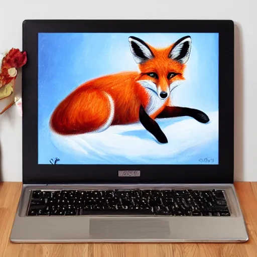 Image similar to oil painting of a fox typing on a laptop