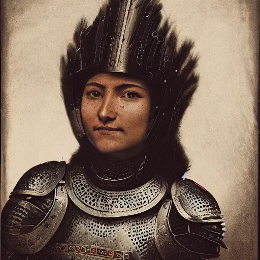 Prompt: head and shoulders portrait of a female knight, quechua!!, lorica segmentata, cuirass, tonalist, symbolist, realistic, ambrotype, baroque, detailed, modeled lighting, vignetting, indigo and venetian red, angular, smiling, raven