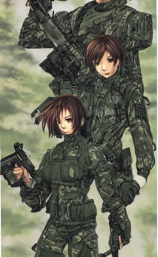 Image similar to girl, trading card front, soldier clothing, combat gear, matte, illustration, by takeshi obata, green screen