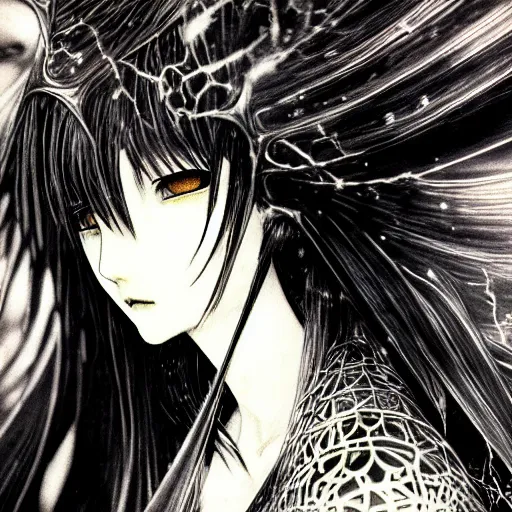 Image similar to Yoshitaka Amano blurred and dreamy illustration of an anime girl with wavy white hair and cracks on her face wearing Elden ring armour with the cape fluttering in the wind, abstract black and white patterns on the background, noisy film grain effect, highly detailed, Renaissance oil painting, weird portrait angle