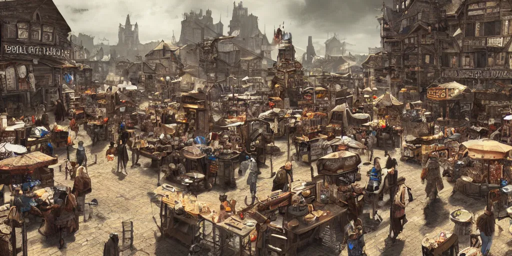 Prompt: a busy marketplace full of merchants in an old medieval town, fallout style, fantasy apocalypse, digital art, 4 k,