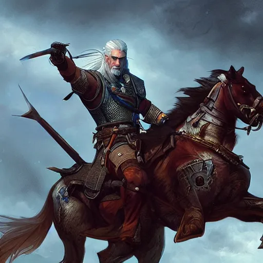 Image similar to geralt the witcher 3 riding a horse with obama president d & d fantasy intricate elegant highly detailed digital painting artstation concept art matte sharp focus illustration hearthstone art by artgerm art by greg rutkowski art by alphonse mucha