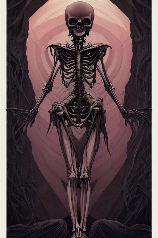 Image similar to artgerm, joshua middleton, mucha, beksinski, moebius, heavy metal comic cover art, psychedelic triangular skeletal calcification fungus lich, full body, hollow eyes, symmetrical face, long black crown, in a dungeon background, moody dark colors