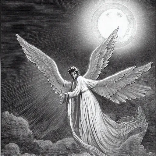 Prompt: an angel leading the souls of the elderly to heaven above a moonlit town the style of gustave dore, eniac computer, lots of wires