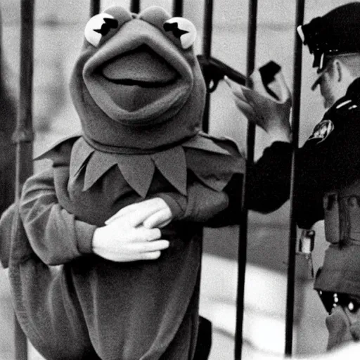Prompt: Kermit the frog being arrested, AP photo, historical, 1989, behind bars, prison, jail, jailed, jail cell, solitary confinement, criminal, crime