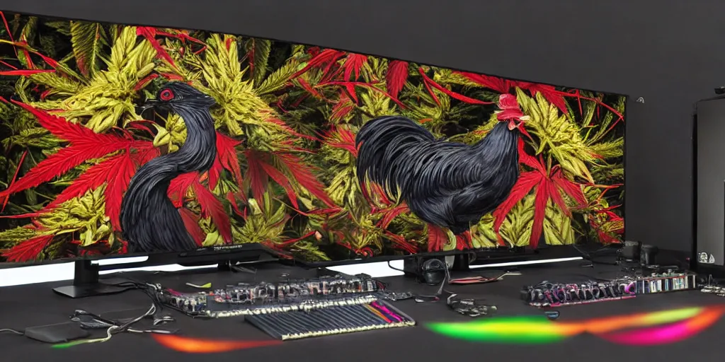 Image similar to 'black rooster'!!! smoking 'cannabis'!!!!!! in front of 'audio console'!!!! and 'pc masterrace RGB custom build'!!!!! 'multi monitors and projectors'!!!! 'in a hi-tech tv broadcasting studio with red camera rig'!!!!, artwork by James Gilleard