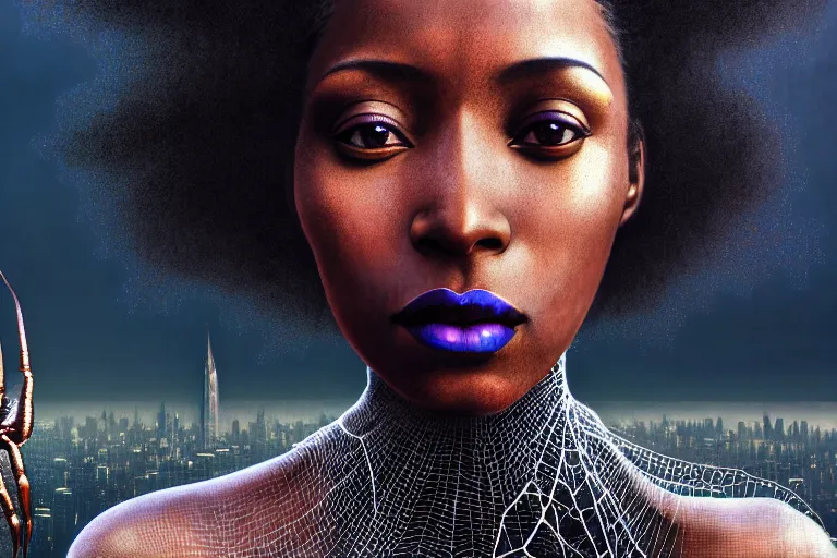 Image similar to realistic detailed photorealistic portrait movie shot of a beautiful black woman with a giant spider, dystopian city landscape background by denis villeneuve, amano, yves tanguy, alphonse mucha, ernst haeckel, jean delville, david lynch, edward robert hughes, roger dean, cyber necklace, rich moody colours, cyber patterns, wide angle