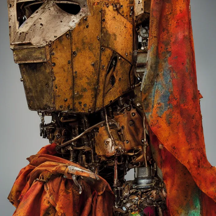 Prompt: closeup portrait of a rusted robot wearing a cloak made of rainbows and lilies, in an empty field, by Annie Leibovitz and Steve McCurry, natural light, detailed face, CANON Eos C300, ƒ1.8, 35mm, 8K, medium-format print