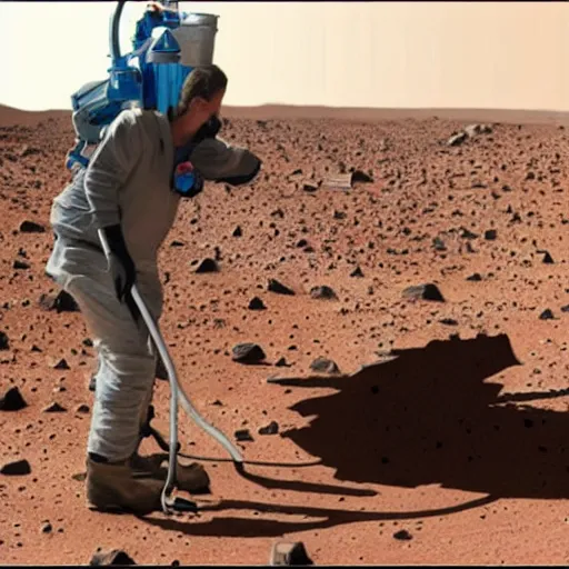 Prompt: mark rutte cleaning up spilled coffee on mars