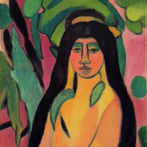 Prompt: painting of a tiger, and young native american woman, in a jungle, by alexej von jawlensky