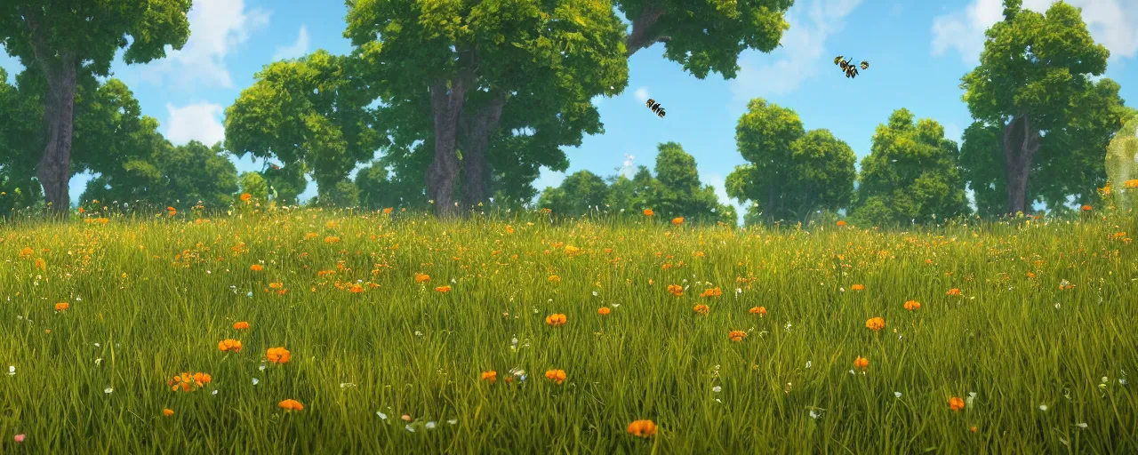 Image similar to a beautiful meadow landscape with cute happy bees flying, flowers, happy trees, photorealistic, octane render, rtx, hdr, unreal engine, digital art widescreen 8 k