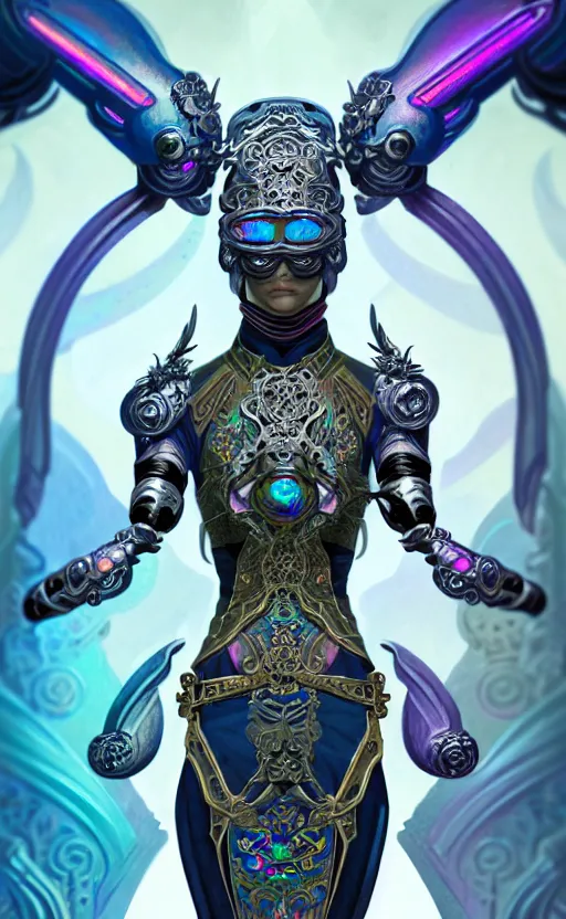 Image similar to iridescent opal cyborg ninja warrior, intricate ornate details, morandi color scheme, hd, illustration, epic, d & d, fantasy, intricate, elegant, highly detailed, wide angle, digital painting, artstation, concept art, smooth, sharp focus, illustration, wallpaper, art by artgerm and greg rutkowski and alphonse mucha and jin xiaodi