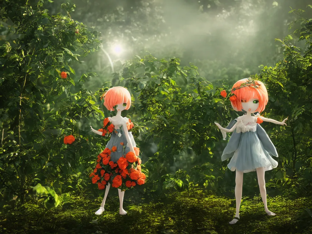 Image similar to cute fumo plush girl among vines in the middle of a lush rose garden, glowing ethereal gothic wraith plantgirl, tattered green dress, smoke and orange volumetric fog, blue sky sunshine lens flare, bokeh, vray