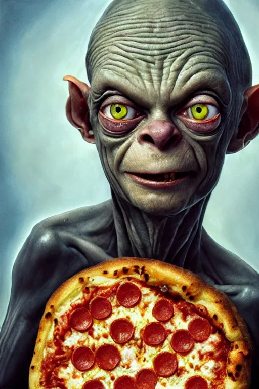 Image similar to gollum discovers pizza, oil on canvas, intricate, 8 k highly professionally detailed, hdr, cgsociety,