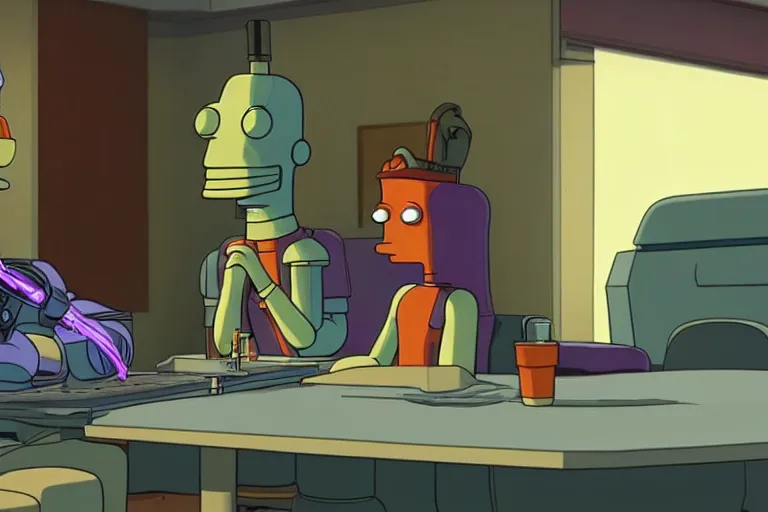 Image similar to a cinematic still of Bender smoking weed with Leila on a podcast, smoke, octane render, nvidia raytracing demo, in Futurama (1999)