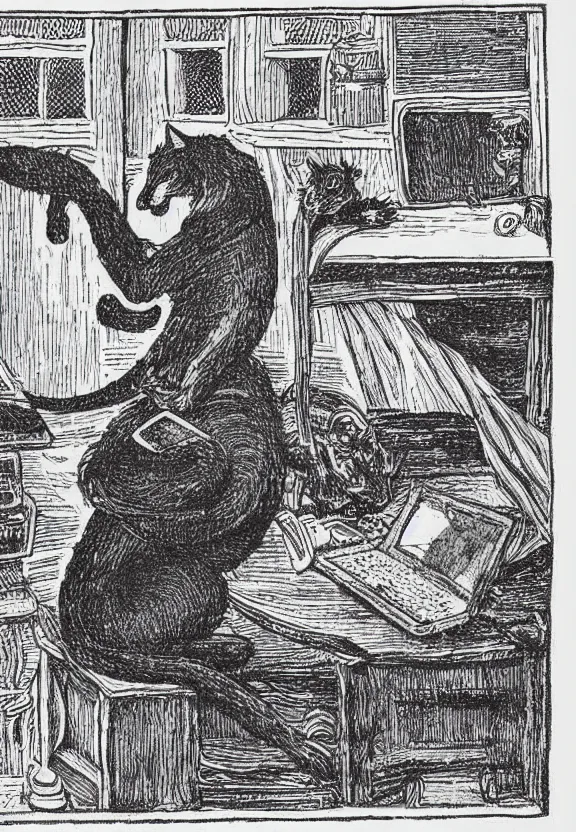 Image similar to [Dark medieval illustration of a cat watching youtube on a computer]