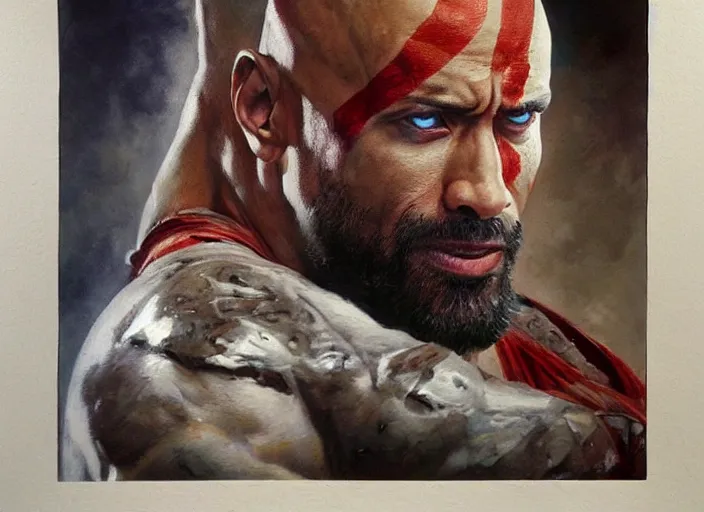 Image similar to a highly detailed beautiful portrait of dwayne johnson as kratos, by gregory manchess, james gurney, james jean