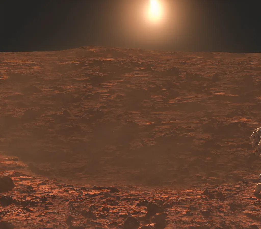 Prompt: Detailed photo of an astronaut seen from behind, he is standing on top of mount Venus on Mars, he is watching the Starship Super Heavy landing at the background, the Starship is landing at the base on the first martian colony, the sunset has just come with the characteristic cold color tone from Mars