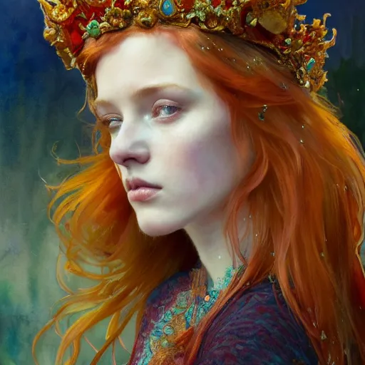 Prompt: beautiful watercolor painting of a young red hair woman wearing a crown of long golden fish, intricate, elegant, highly detailed, digital painting, artstation, concept art, smooth, sharp focus, art by krenz cushart and artem demura and alphonse mucha, dynamic lighting, ultrarealistic, cinematic, octane render, 8 k