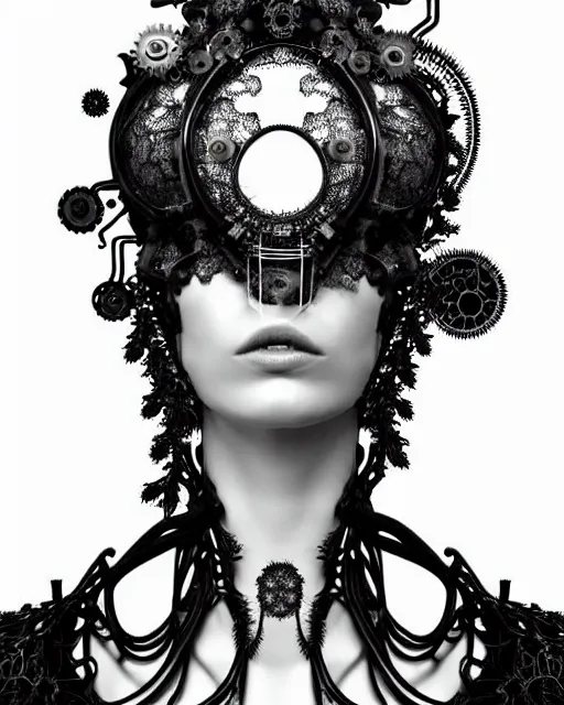 Prompt: surreal black and white photo portrait of complex bio-mechanical beautiful young female vegetal-cyborg with a Mandelbrot fractal steampunk metal fine lace face, a very long neck and a fine metal floral foliage super big lace collar by Alexander McQueen:: high fashion, haute couture, rococo, steampunk, silver filigree details, anatomical, facial muscles, cable wires, microchip, elegant, dreamy, foggy, hyper realistic, 150 mm lens, soft rim light, octane render, unreal engine, picture was taken in 1910 by Man Ray, volumetric lighting, dramatic light,8k,