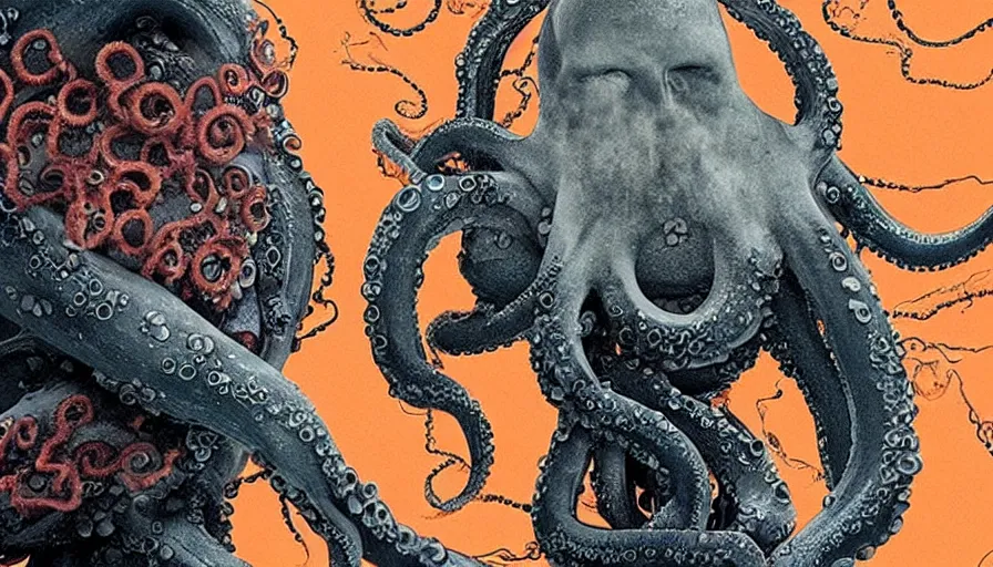 Image similar to big budget horror movie scene where an octopus explodes out of a man\'s head