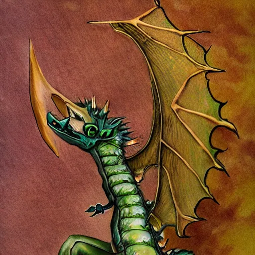 Image similar to exotic dragon with leaf skin and a leaf tail, thorns on his spine, by greg rutowski