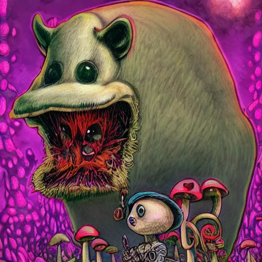 Image similar to 4 k headshot portrait of a psychedelic demonic anthropomorphic badger with mushroom themed clothes, magic mushroom village in background by jeff easley, award winning, stylized neon, post - processing, masterpiece, superb resolution. in the art style of junji ito and greg rutkowski. detailed mushroom city in background. hyper realistic anime. perfect art. dalle 2