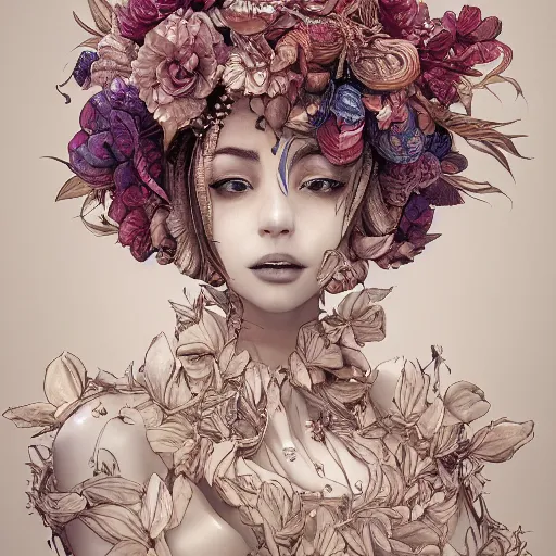 Image similar to the portrait of an absurdly beautiful, graceful, elegant, chaste, young woman made of bananas and petals looking up, an ultrafine detailed illustration by kim jung gi, irakli nadar, intricate linework, bright colors, octopath traveler, final fantasy, angular, unreal engine 5 highly rendered, global illumination, radiant light, detailed and intricate environment