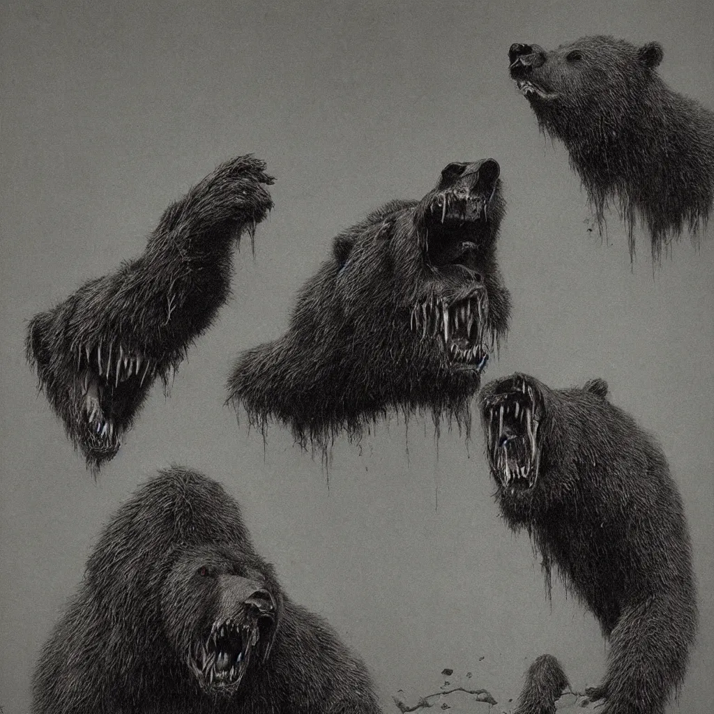 Image similar to horrifying bear creature, fangs, style of zdislaw beksinski