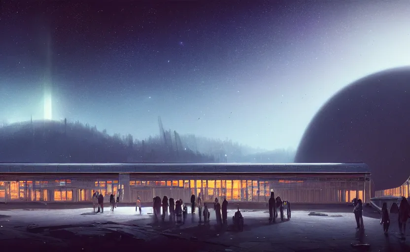 Image similar to exterior shot of utopian train station on in the middle of galaxy with cinematic lighting by peter zumthor and renzo piano, darek zabrocki and greg ruthkowski, simon stalenhag, cinematic, holy place, paradise, scifi, futurism, atmospheric, concept art, artstation, trending on artstation