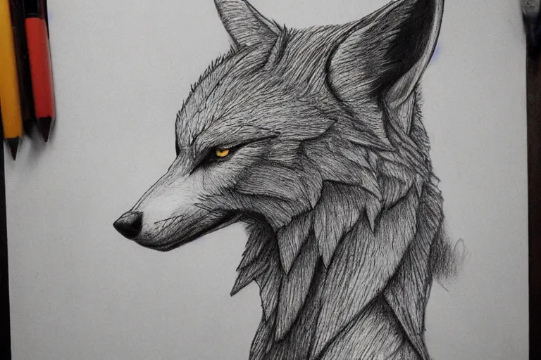 Image similar to a pencil drawing of a wolf, full body, D&D, armor, made by by Pen Tacula